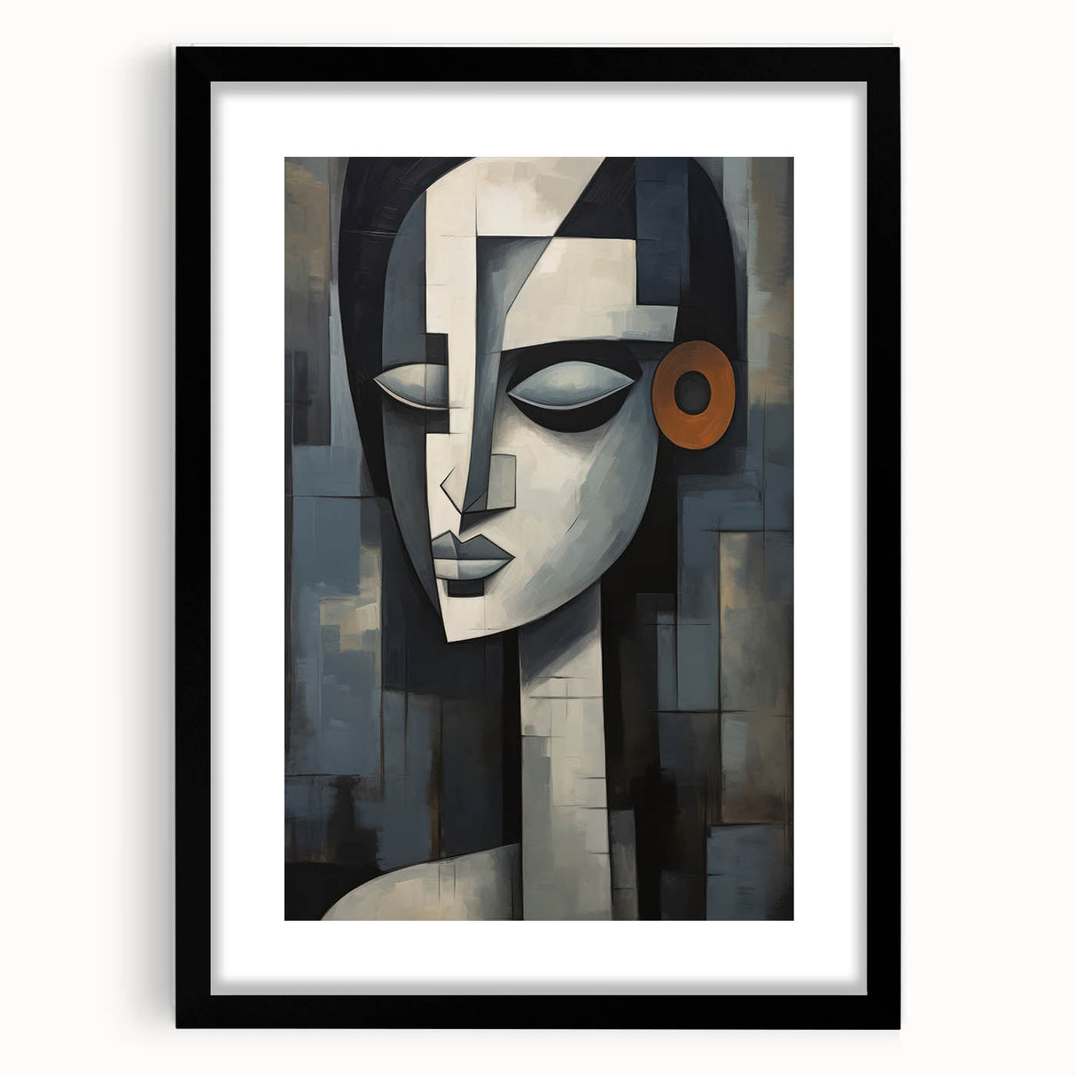 Framed abstract figurative wall art in black, showcasing a modern design with vibrant colors and a mat for an elegant presentation.
