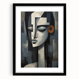 Framed abstract figurative wall art in black, showcasing a modern design with vibrant colors and a mat for an elegant presentation.