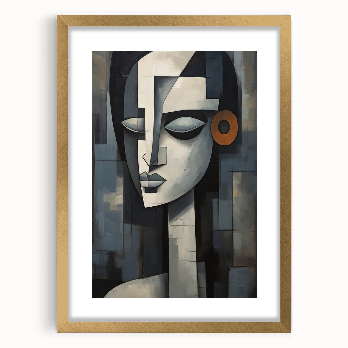 Abstract figurative wall art in a gold frame with matting, showcasing vibrant colors and modern design elements, ideal for contemporary decor.