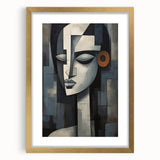 Abstract figurative wall art in a gold frame with matting, showcasing vibrant colors and modern design elements, ideal for contemporary decor.