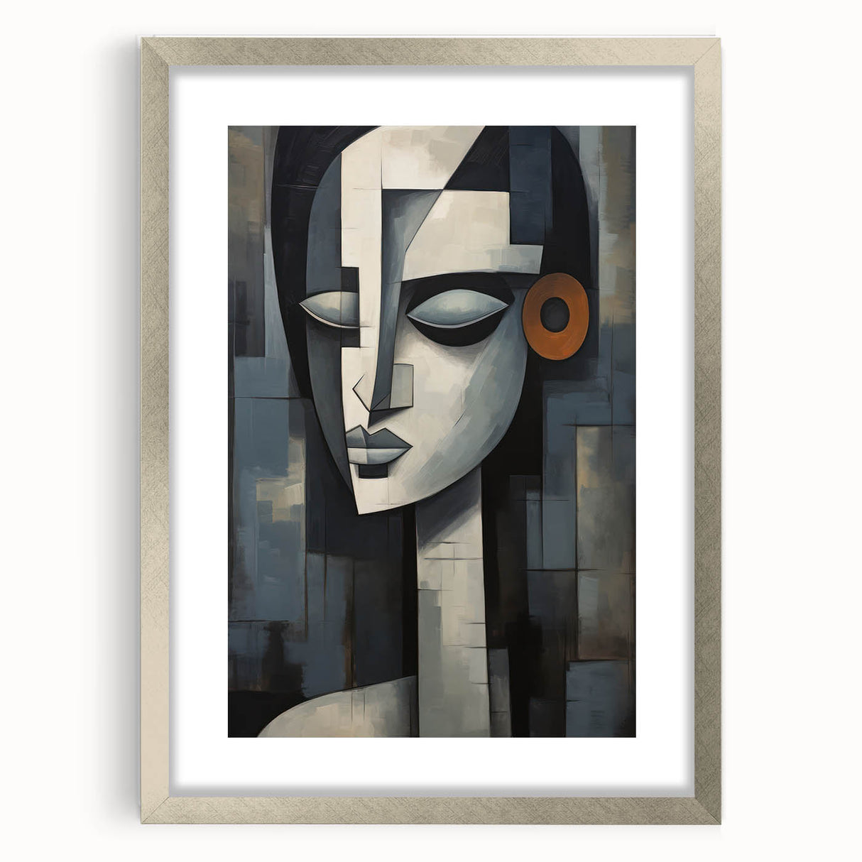 Framed abstract figurative wall art design in a sleek silver frame, showcasing vibrant colors and modern shapes, perfect for contemporary decor.