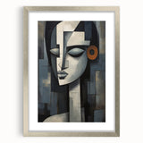 Framed abstract figurative wall art design in a sleek silver frame, showcasing vibrant colors and modern shapes, perfect for contemporary decor.