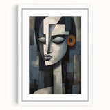 Abstract figurative wall art design in a white frame, showcasing vibrant colors and flowing shapes, perfect for modern home decor.