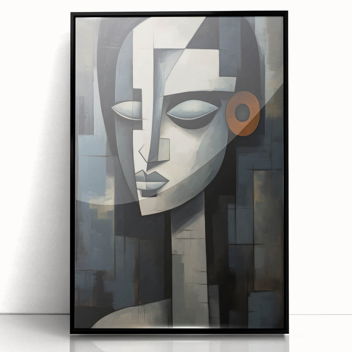 Framed abstract figurative wall art showcasing a modern design in black acrylic, featuring bold shapes and fluid lines, perfect for contemporary decor.