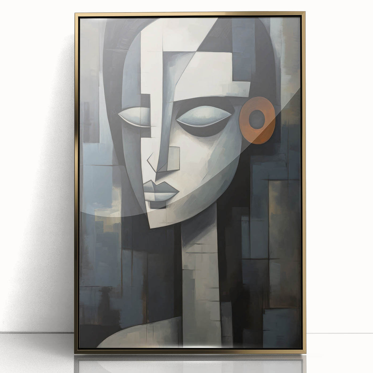 Framed abstract figurative wall art design in gold tones, showcasing a modern and elegant aesthetic, ideal for contemporary home decor.