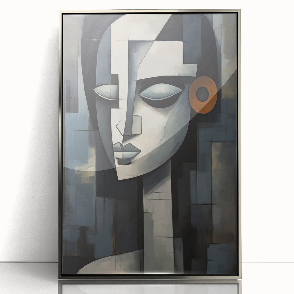 Framed abstract figurative wall art showcasing a dynamic silver design, perfect for modern decor, highlighted by a sleek acrylic finish.