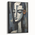 Framed abstract figurative wall art in black, showcasing dynamic shapes and colors, perfect for modern home decor.