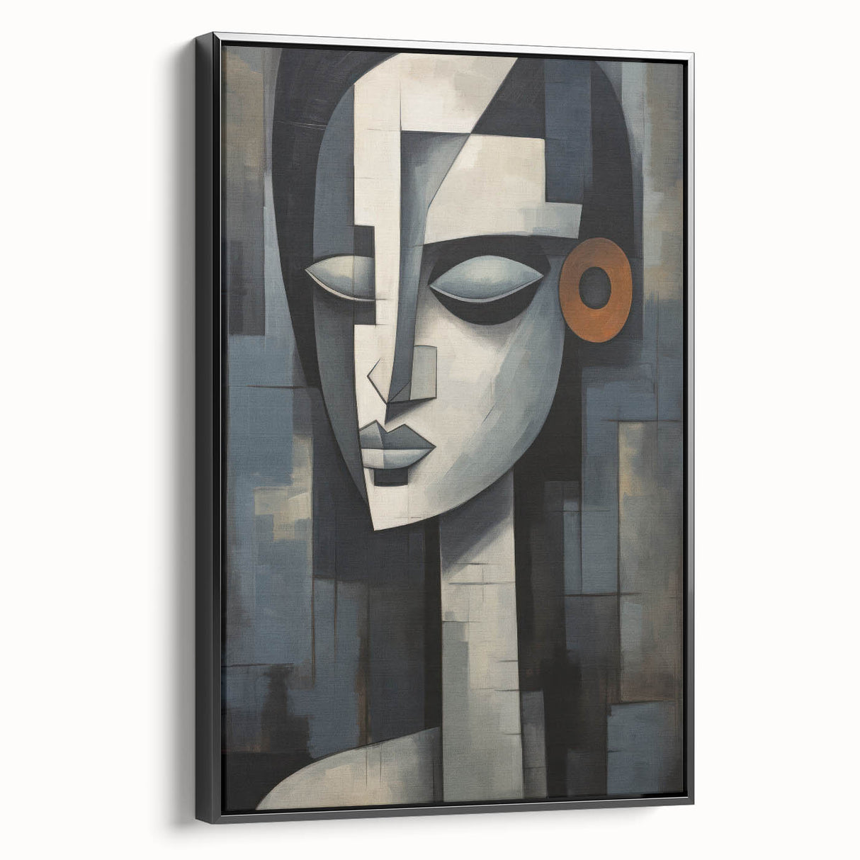 Framed abstract figurative wall art in black, showcasing dynamic shapes and colors, perfect for modern home decor.