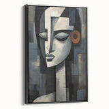 Framed abstract figurative wall art in black, showcasing dynamic shapes and colors, perfect for modern home decor.