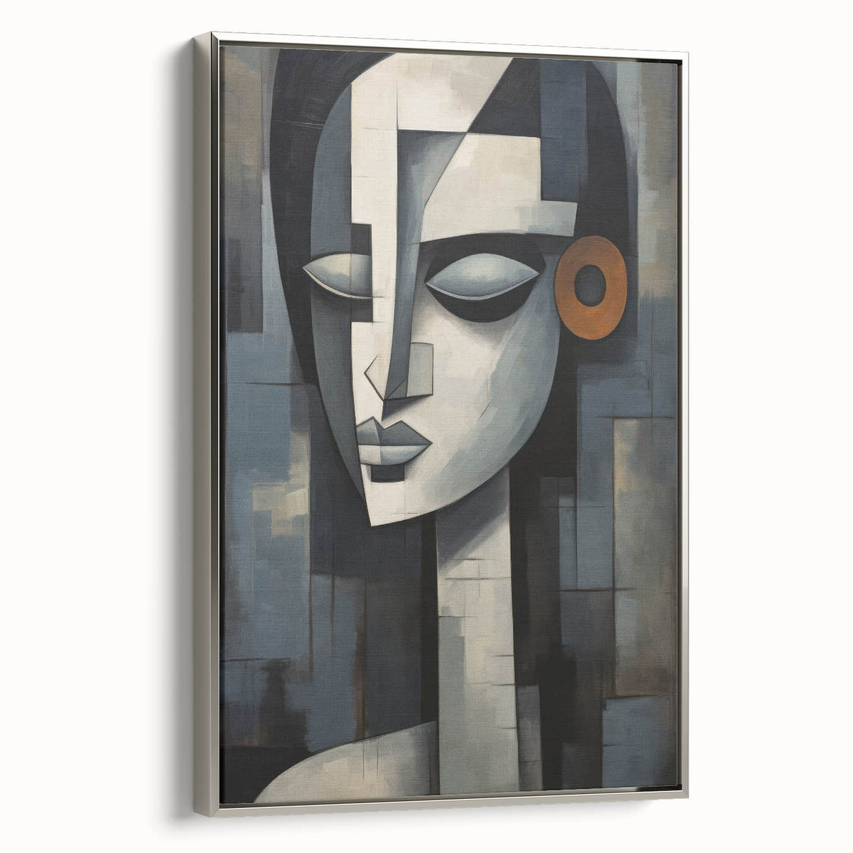 Framed abstract figurative wall art in silver, showcasing a modern design with flowing shapes and vibrant colors, perfect for contemporary decor.