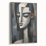 Framed abstract figurative wall art in silver, showcasing a modern design with flowing shapes and vibrant colors, perfect for contemporary decor.