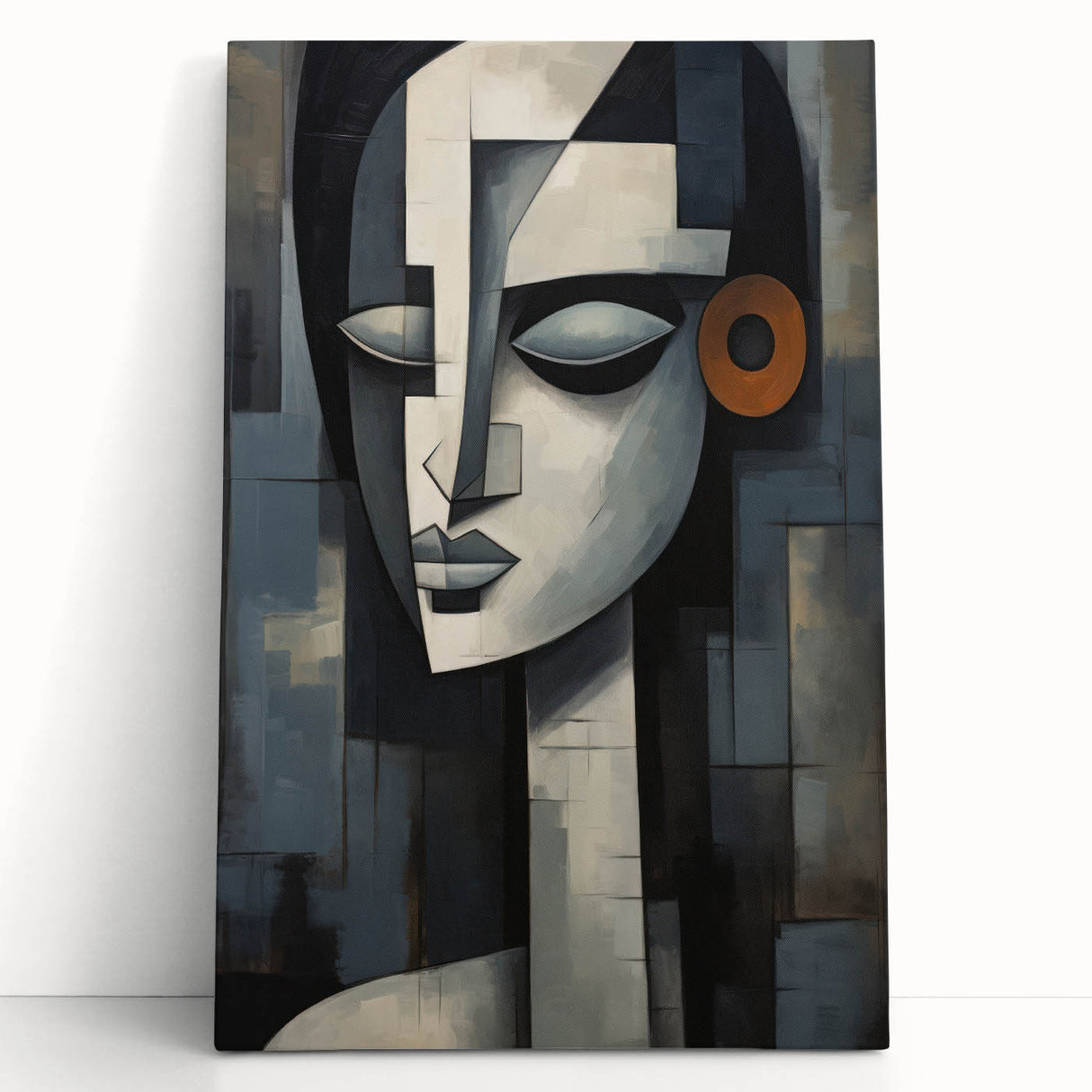 Abstract figurative wall art design on stretched canvas, showcasing vibrant colors and dynamic shapes, perfect for modern home decor.