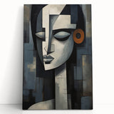 Abstract figurative wall art design on stretched canvas, showcasing vibrant colors and dynamic shapes, perfect for modern home decor.