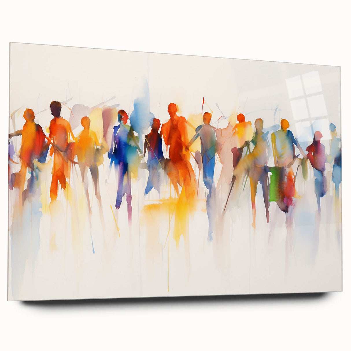Abstract figurative wall art design showcasing vibrant colors and unique shapes, displayed in an acrylic glass frame, enhancing modern decor.