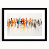 Abstract figurative wall art print in a sleek black frame, showcasing vibrant colors and dynamic shapes, ideal for contemporary decor.