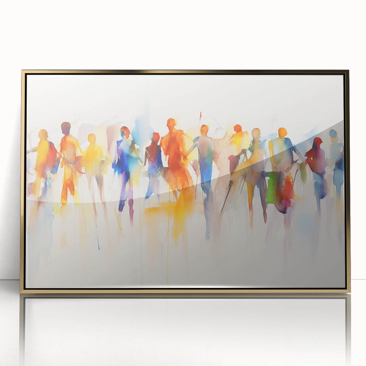Framed abstract figurative wall art design featuring gold accents and a sleek acrylic finish, perfect for modern home decor.