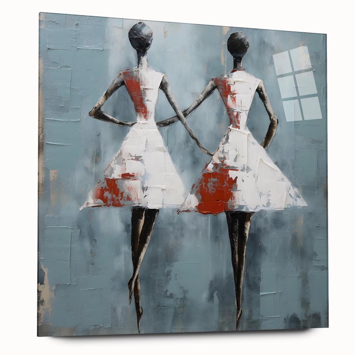Abstract figurative wall art piece displayed in an acrylic glass frame, showcasing vibrant colors and modern design elements, perfect for contemporary decor.