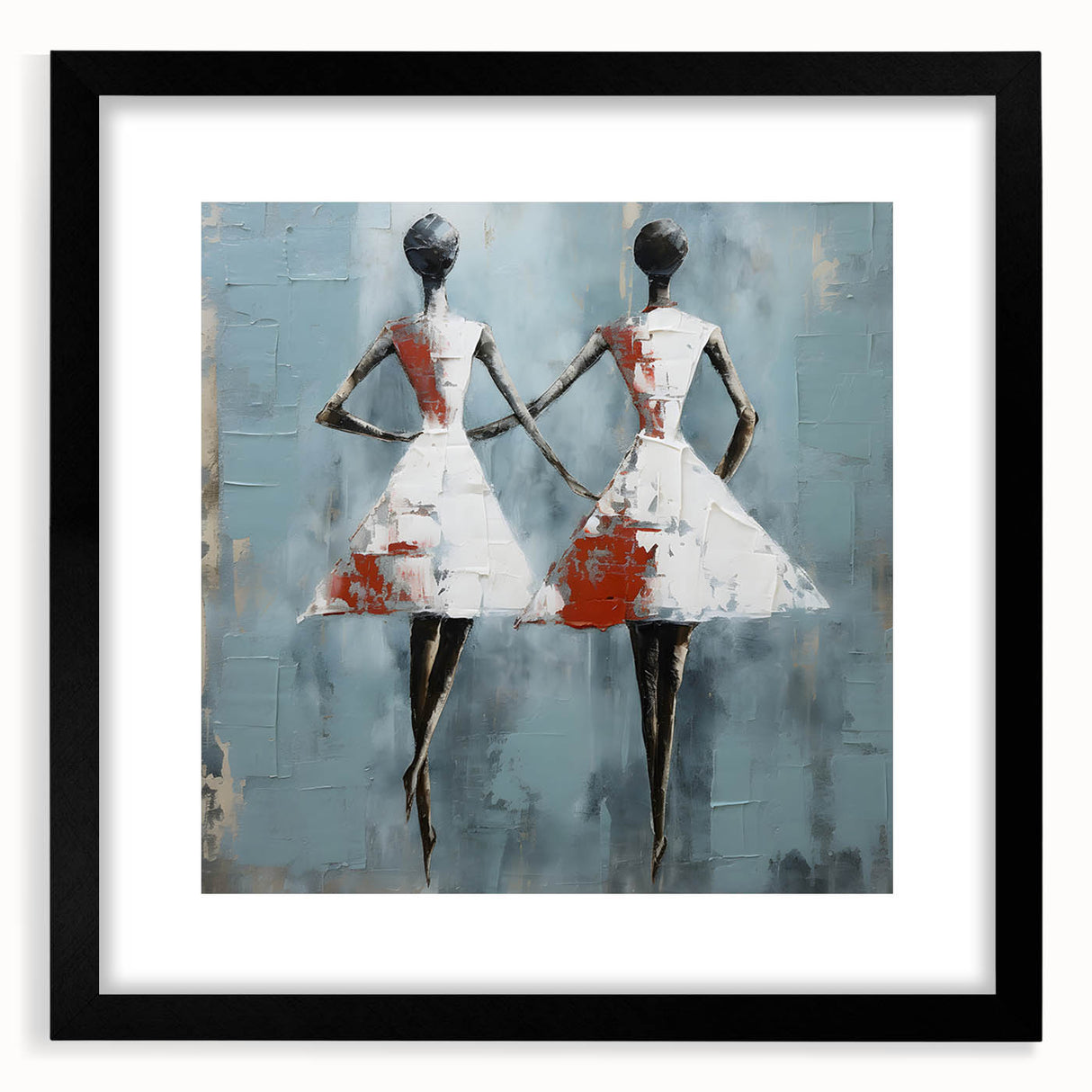 Framed abstract figurative wall art design with a black mat, showcasing vibrant colors and modern shapes, perfect for contemporary decor.