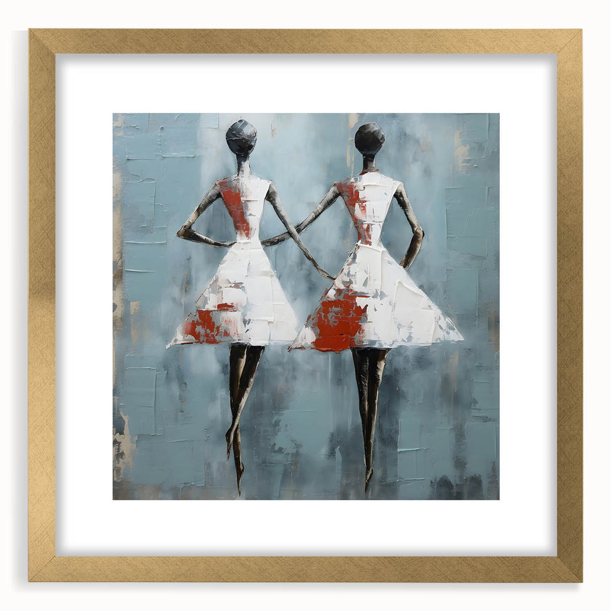 Abstract figurative wall art design in a gold frame with matting, showcasing vibrant colors and dynamic shapes, ideal for modern decor.