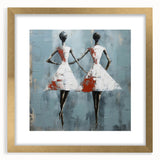 Abstract figurative wall art design in a gold frame with matting, showcasing vibrant colors and dynamic shapes, ideal for modern decor.