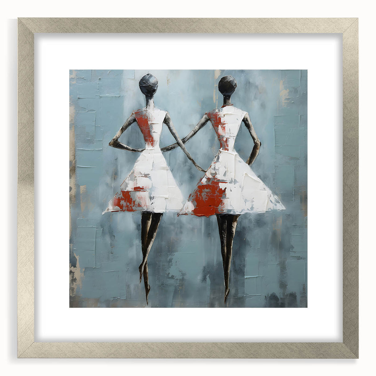Framed abstract figurative wall art design in silver, showcasing modern lines and shapes, perfect for contemporary home decor.