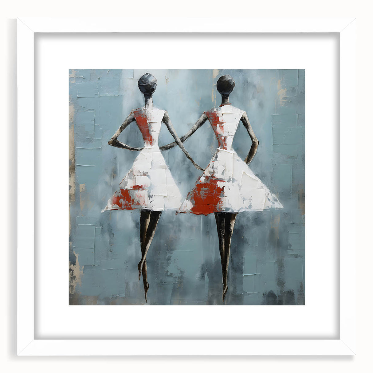Abstract figurative wall art design in a white frame with a mat, showcasing vibrant colors and dynamic shapes, perfect for modern decor.