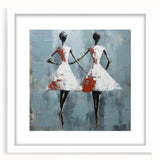 Abstract figurative wall art design in a white frame with a mat, showcasing vibrant colors and dynamic shapes, perfect for modern decor.