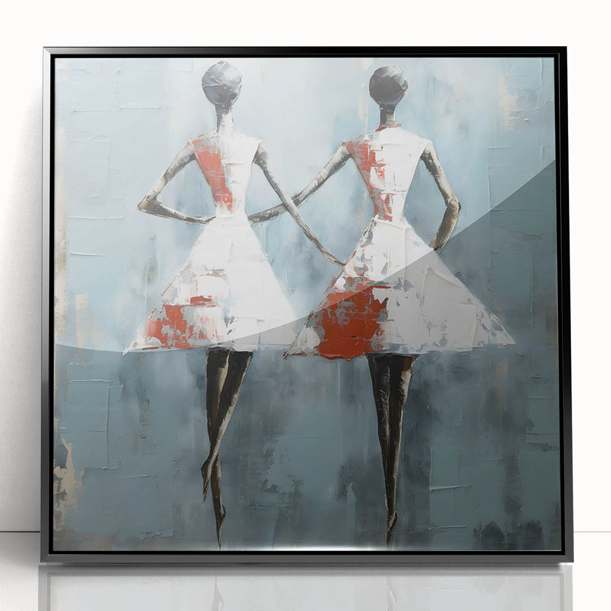 Framed abstract figurative wall art design showcasing vibrant colors and dynamic shapes, displayed in a sleek black frame for modern decor.