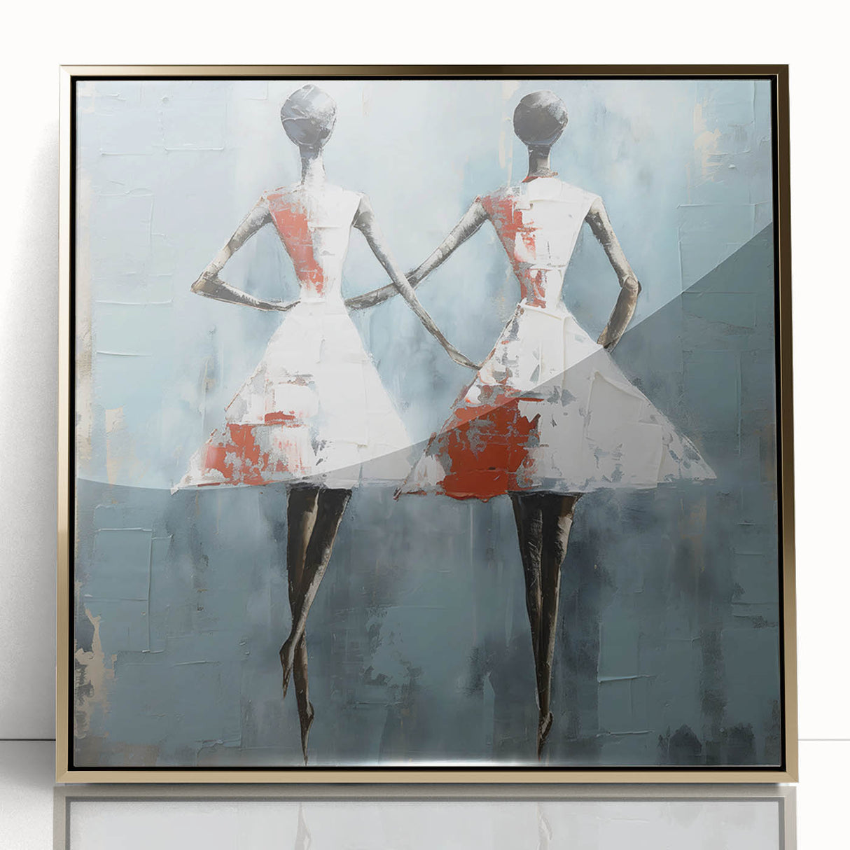 Framed abstract figurative wall art featuring a gold-acrylic design, showcasing vibrant colors and modern aesthetics, ideal for stylish decor.