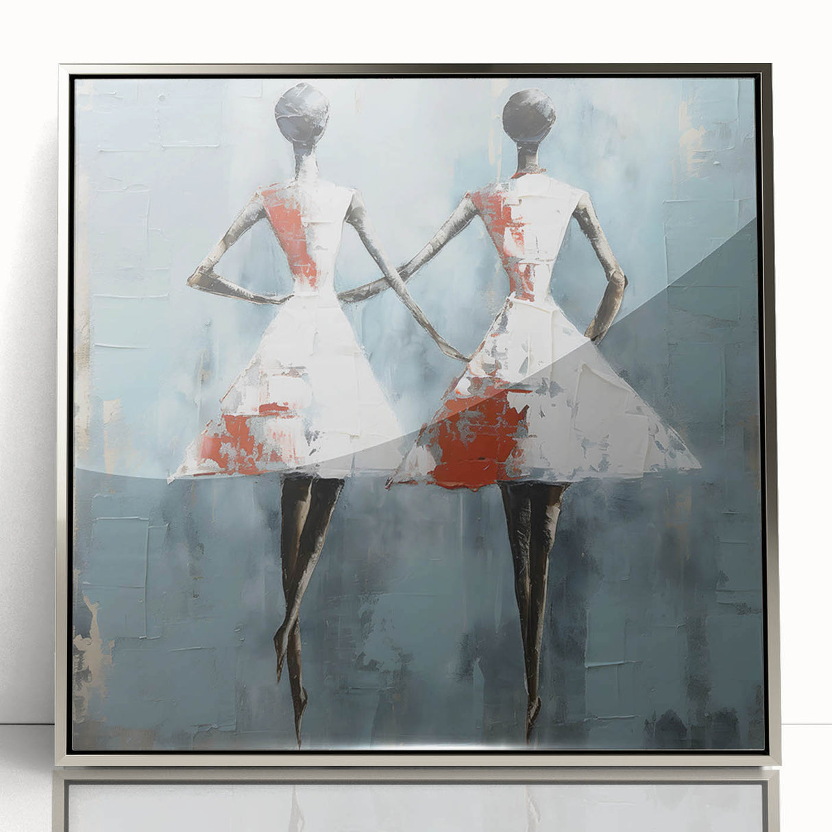 Framed abstract figurative wall art in a sleek silver frame, showcasing a vibrant design with dynamic shapes and colors, ideal for modern decor.