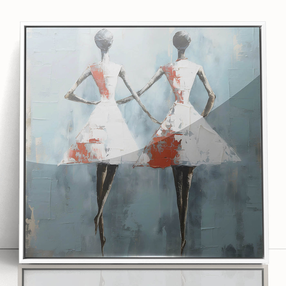 Framed abstract figurative wall art design with vibrant colors and fluid shapes, presented in a sleek white frame for modern decor.