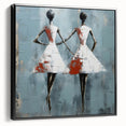 Framed abstract figurative wall art featuring vibrant colors and dynamic shapes, displayed from the side to showcase its black frame and depth.