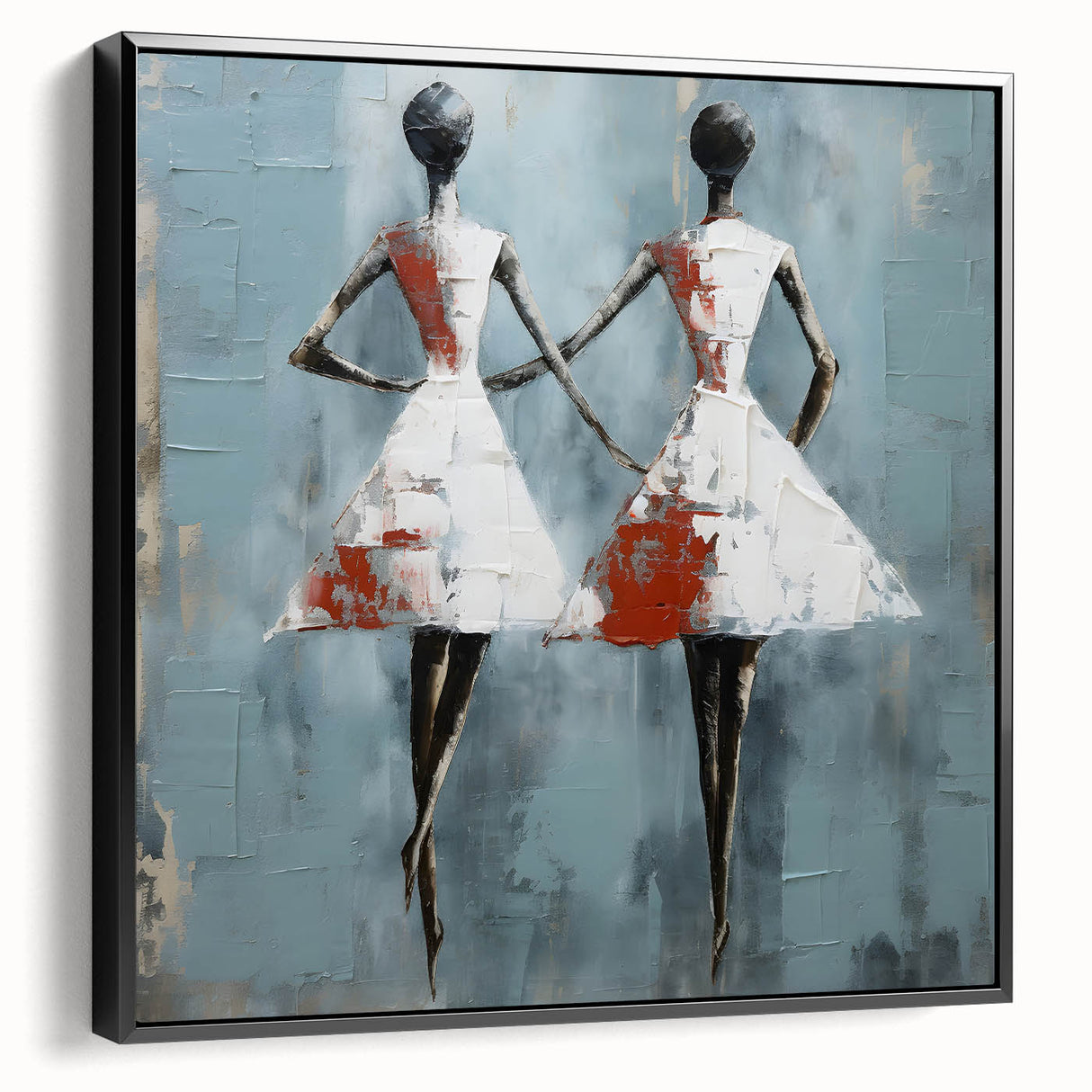 Framed abstract figurative wall art featuring vibrant colors and dynamic shapes, displayed from the side to showcase its black frame and depth.