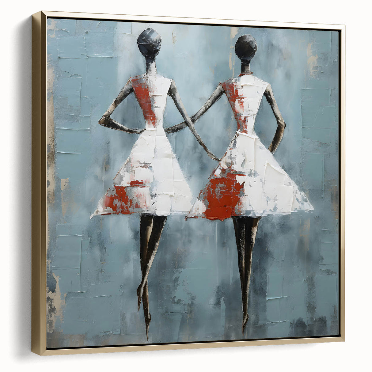 Framed wall art featuring an abstract figurative design with gold accents, showcasing a modern aesthetic ideal for contemporary interiors.