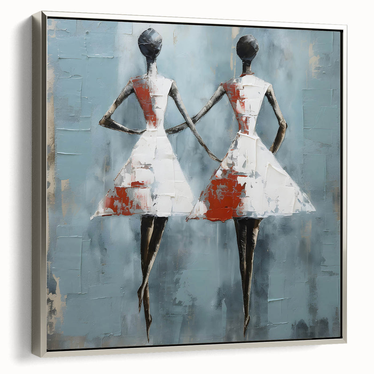 Framed abstract figurative wall art in silver, showcasing an elegant design with fluid shapes and soft colors, perfect for modern decor.