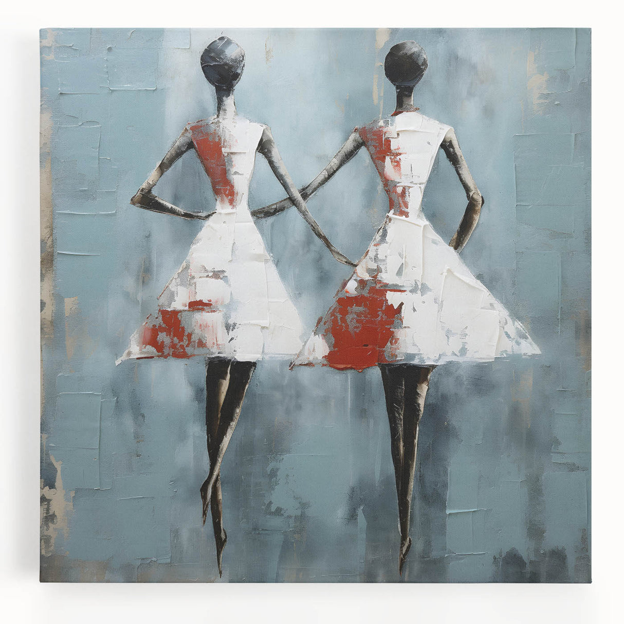 Abstract figurative wall art design on stretched canvas, showcasing vibrant colors and dynamic shapes, ideal for modern home decor.