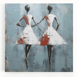 Abstract figurative wall art design on stretched canvas, showcasing vibrant colors and dynamic shapes, ideal for modern home decor.