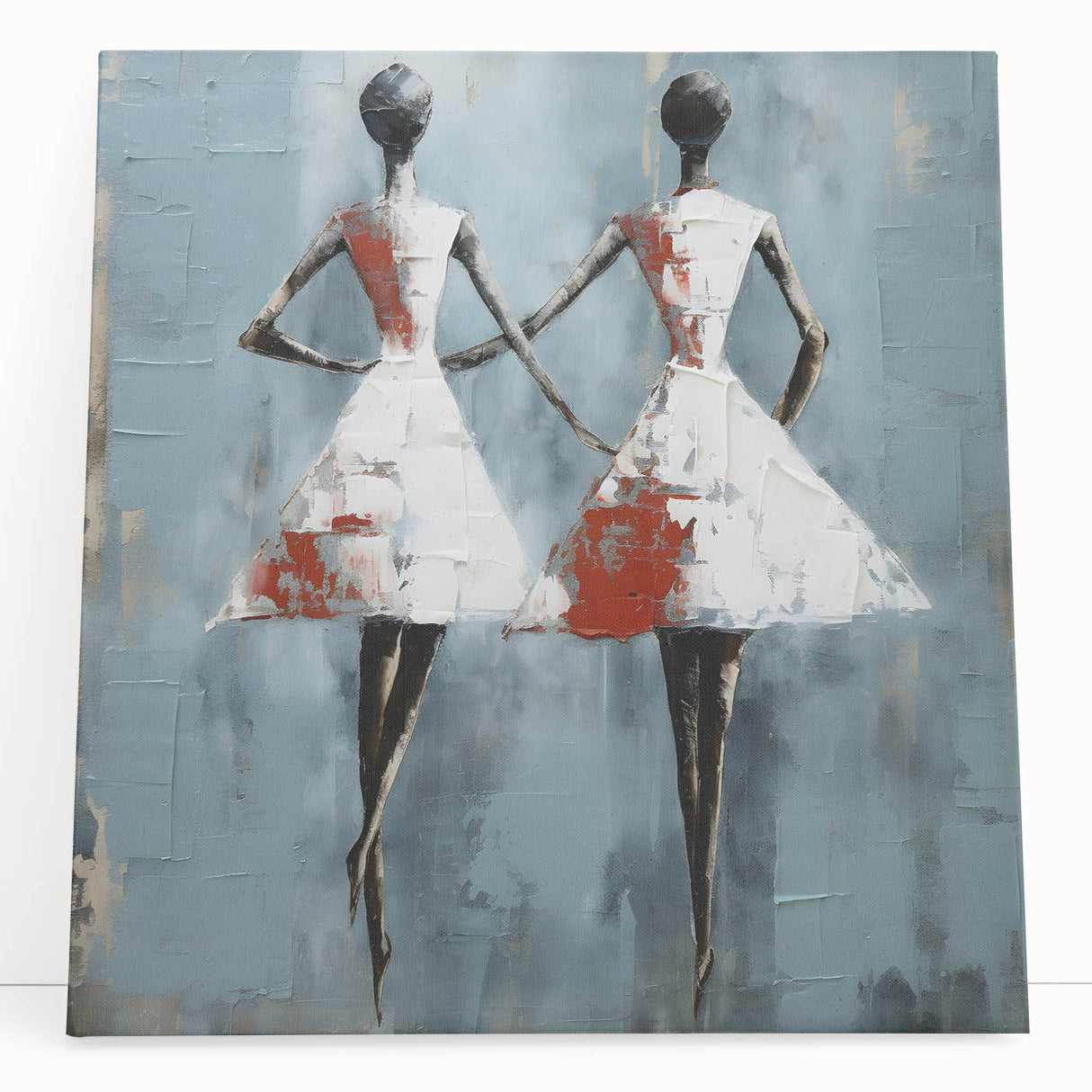 Abstract figurative wall art on stretched canvas, showcasing vibrant colors and dynamic shapes, perfect for modern decor in living spaces.