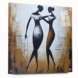 Abstract figurative wall art design displayed in a sleek acrylic glass frame, showcasing vibrant colors and dynamic shapes, ideal for modern decor.