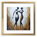 Framed abstract figurative wall art design in gold, showcasing a modern aesthetic with vibrant colors and intricate patterns, perfect for home decor.