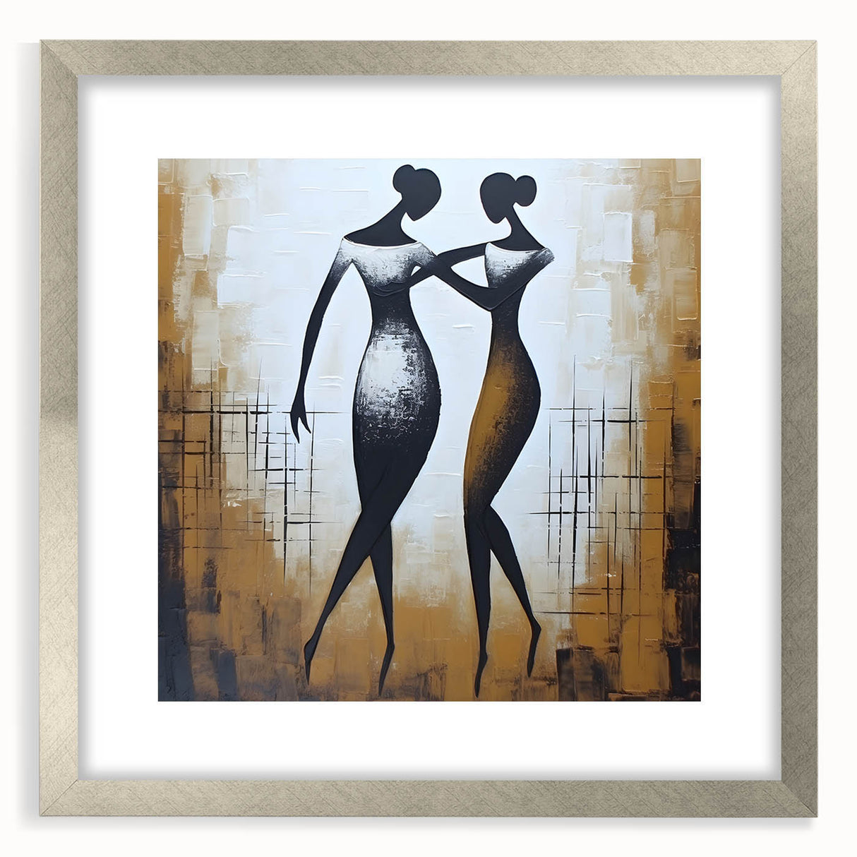 Framed abstract figurative wall art design showcasing vibrant colors and fluid shapes, elegantly presented with a silver mat for enhanced decor.