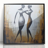 Framed abstract figurative wall art design featuring vibrant colors and dynamic shapes, set against a sleek black frame for a modern aesthetic.