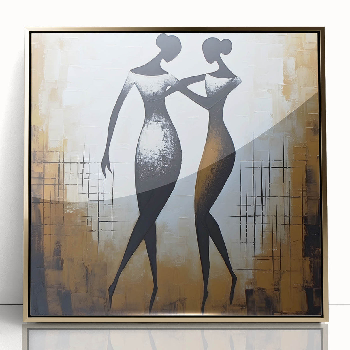 Framed abstract figurative wall art design featuring vibrant gold tones and intricate shapes, perfect for modern home decor accents.