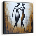 Framed abstract figurative wall art showcasing vibrant colors and dynamic shapes against a sleek black background, ideal for modern decor.