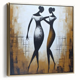 Framed abstract figurative wall art featuring a gold and black design, showcasing elegant curves and modern aesthetics, ideal for contemporary decor.