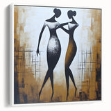 Framed abstract figurative wall art featuring vibrant colors and dynamic shapes, displayed in a sleek white frame against a neutral background.