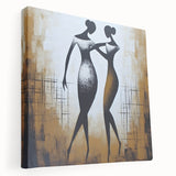 Abstract figurative wall art design on stretched canvas, showcasing vibrant colors and dynamic shapes, perfect for modern home decor.