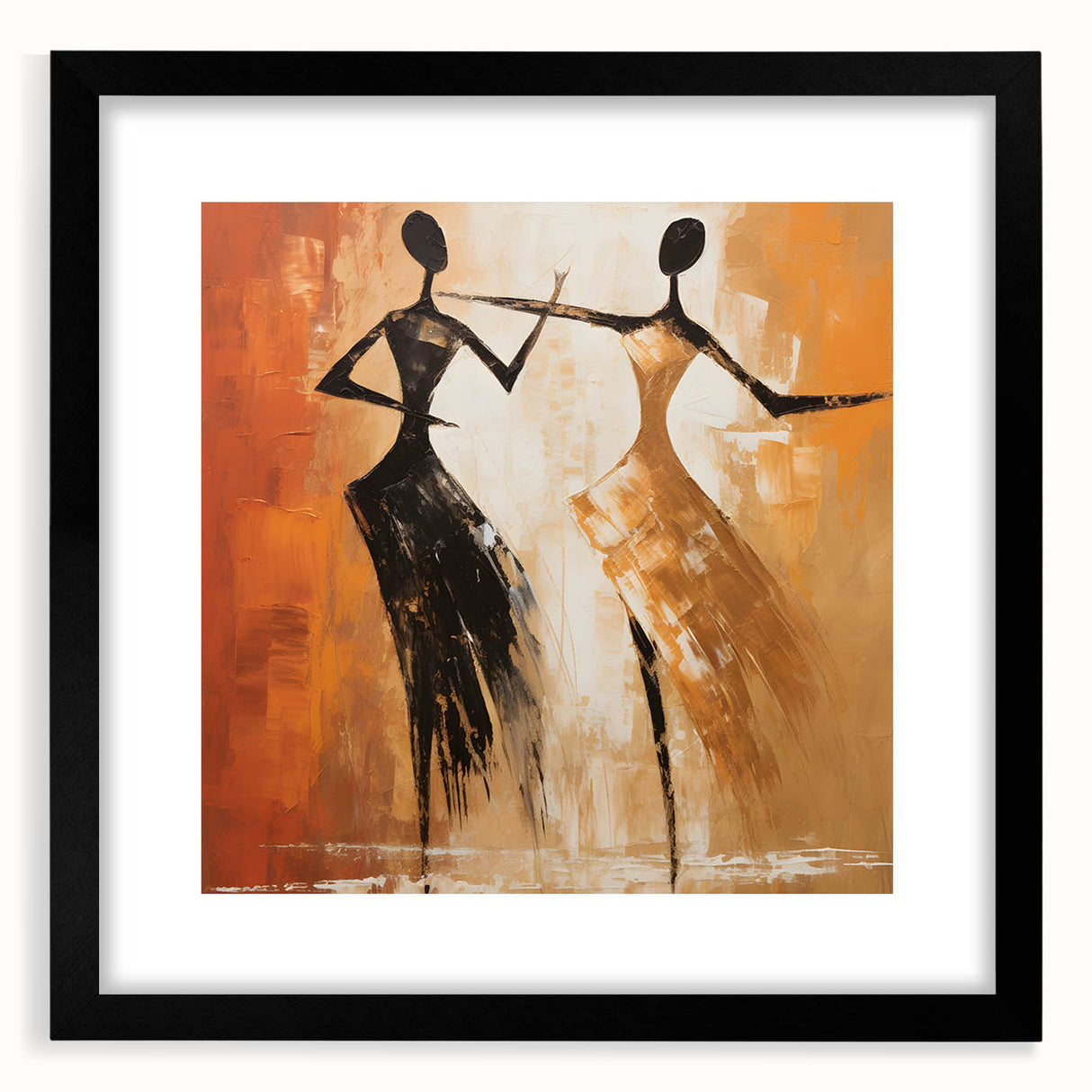 Framed abstract figurative wall art design showcasing vibrant colors and dynamic shapes, featuring a sleek black frame and matting for elegance.