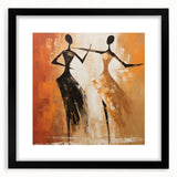 Framed abstract figurative wall art design showcasing vibrant colors and dynamic shapes, featuring a sleek black frame and matting for elegance.