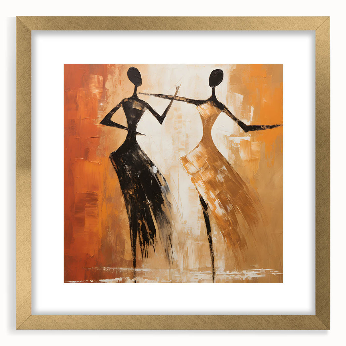 Abstract figurative wall art design in a gold frame with mat, showcasing vibrant colors and artistic shapes, ideal for modern decor.